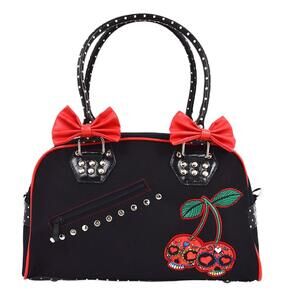 5984 Cherry Bomb Skull Cherries Polka Dot Bow Handbag Rockabilly Black Red